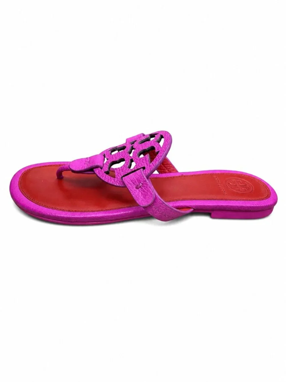 Tory Burch Miller Pink Magenta Leather Flat Thong Sandals Cutout Logo Size 5.5